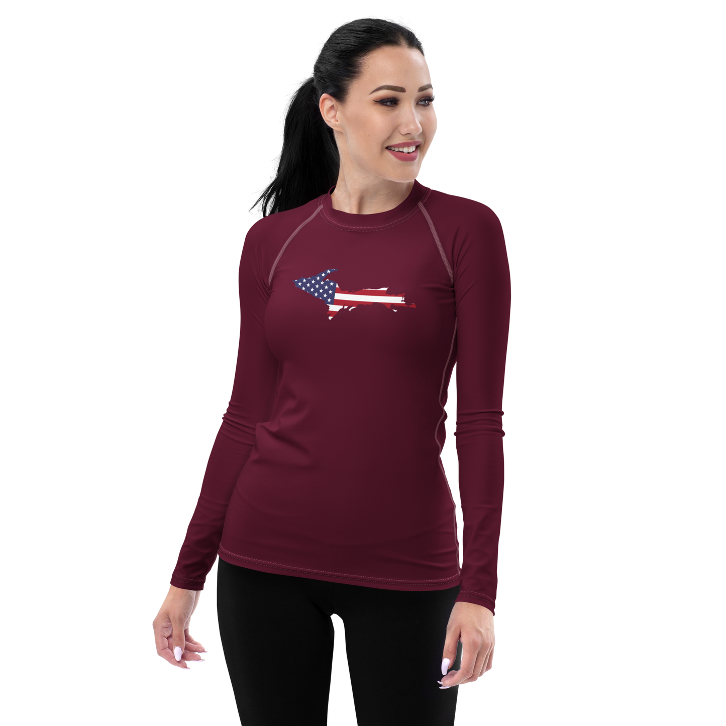 Michigan Upper Peninsula Rash Guard (w/ UP USA Flag) | Women's - Old Mission Burgundy