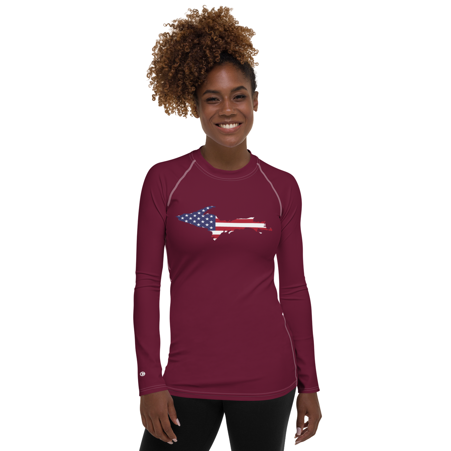 Michigan Upper Peninsula Rash Guard (w/ UP USA Flag) | Women's - Old Mission Burgundy