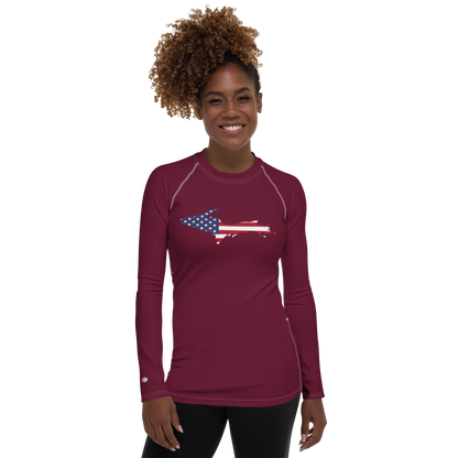 Michigan Upper Peninsula Rash Guard (w/ UP USA Flag) | Women's - Old Mission Burgundy