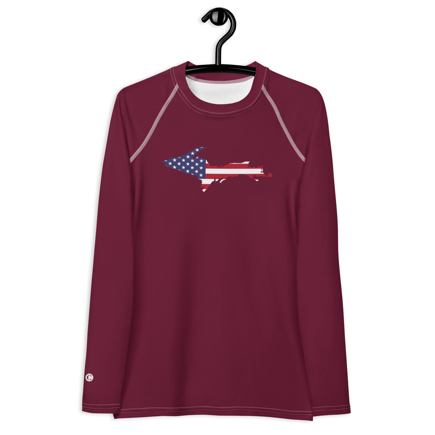 Michigan Upper Peninsula Rash Guard (w/ UP USA Flag) | Women's - Old Mission Burgundy