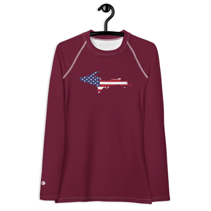 Michigan Upper Peninsula Rash Guard (w/ UP USA Flag) | Women's - Old Mission Burgundy