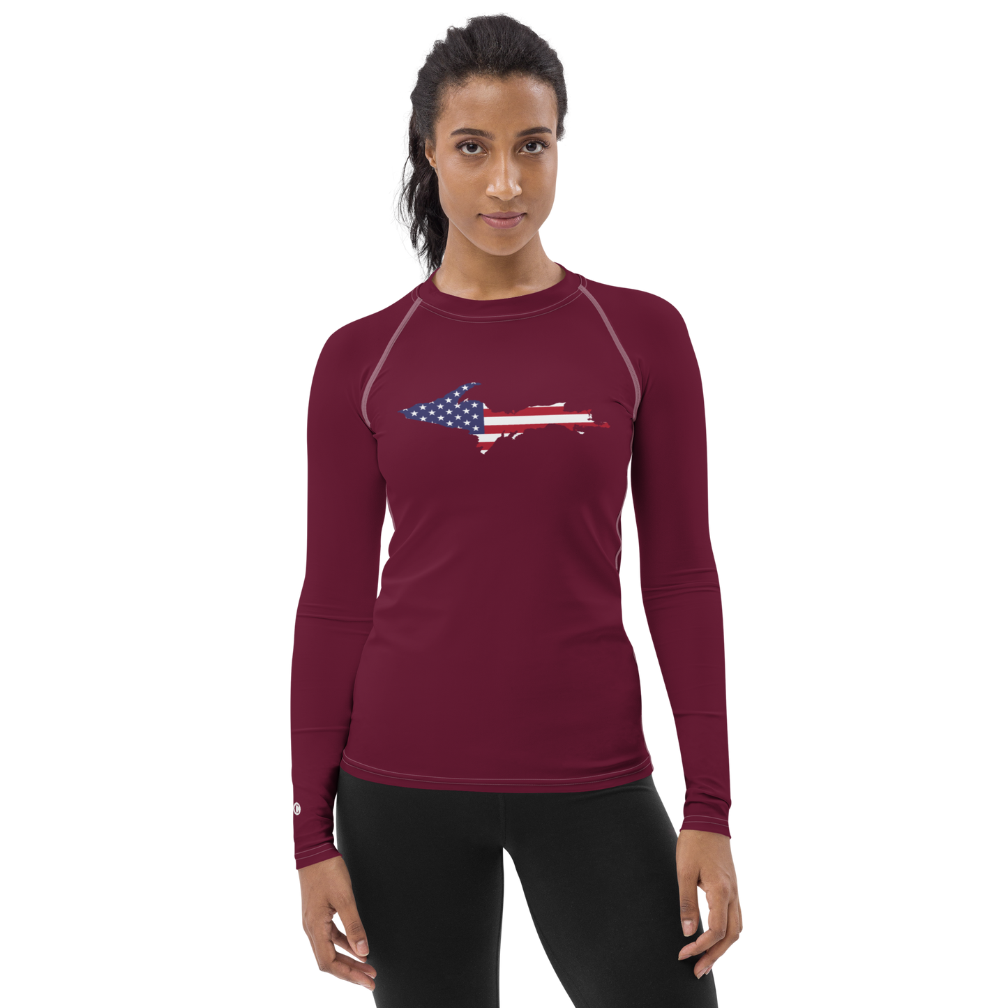 Michigan Upper Peninsula Rash Guard (w/ UP USA Flag) | Women's - Old Mission Burgundy