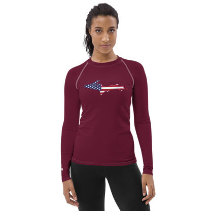 Michigan Upper Peninsula Rash Guard (w/ UP USA Flag) | Women's - Old Mission Burgundy