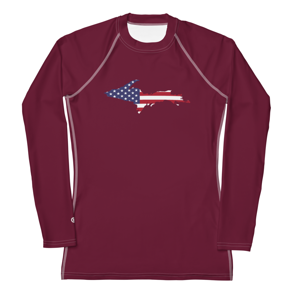 Michigan Upper Peninsula Rash Guard (w/ UP USA Flag) | Women's - Old Mission Burgundy