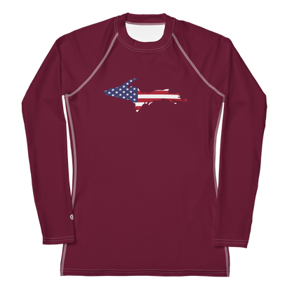 Michigan Upper Peninsula Rash Guard (w/ UP USA Flag) | Women's - Old Mission Burgundy