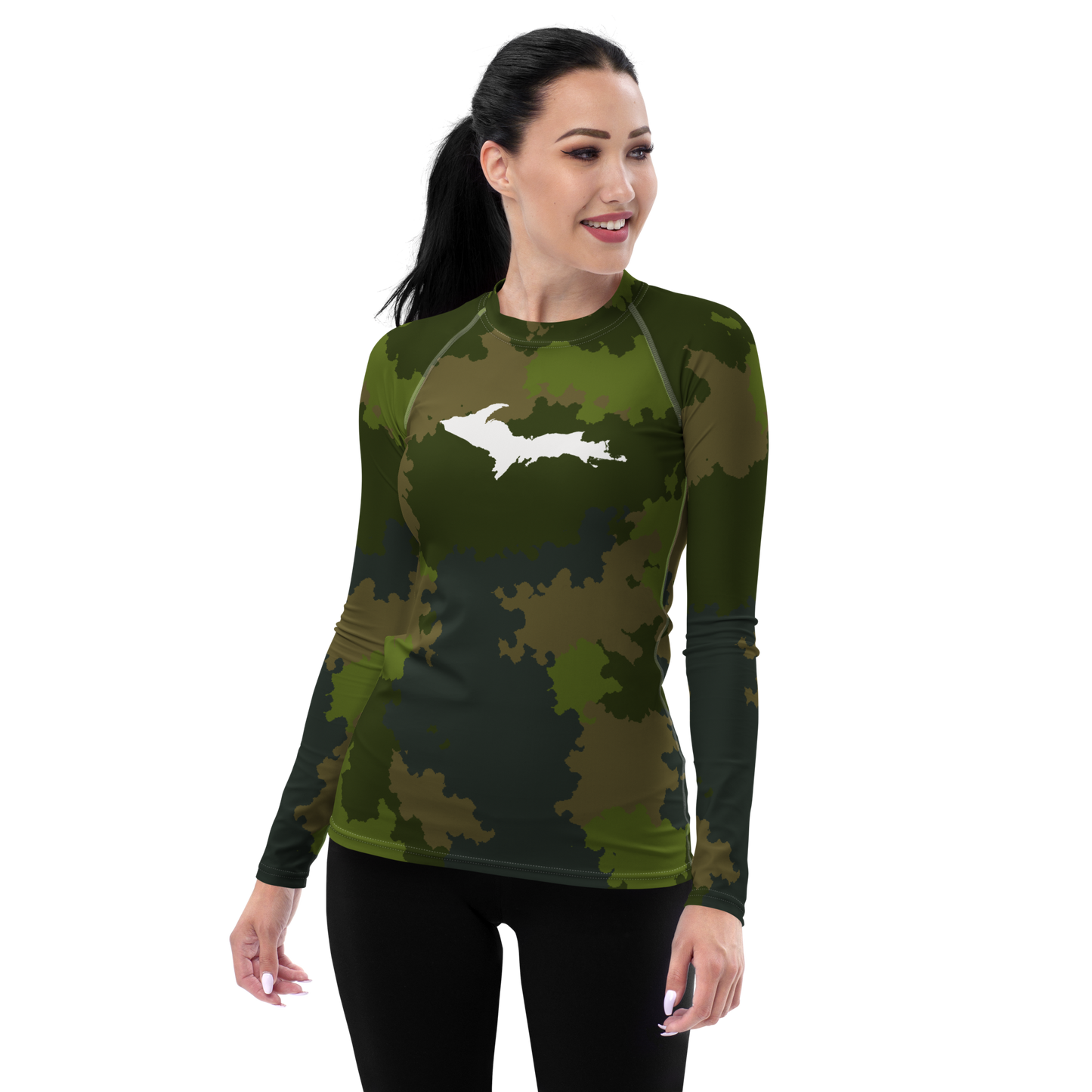 Michigan Upper Peninsula Rash Guard (w/ UP Outline) | Women's - Woodland Camo