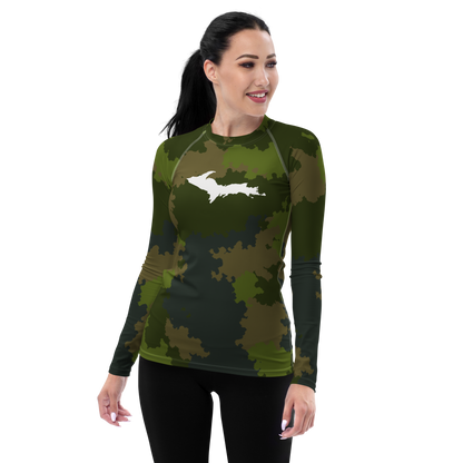 Michigan Upper Peninsula Rash Guard (w/ UP Outline) | Women's - Woodland Camo