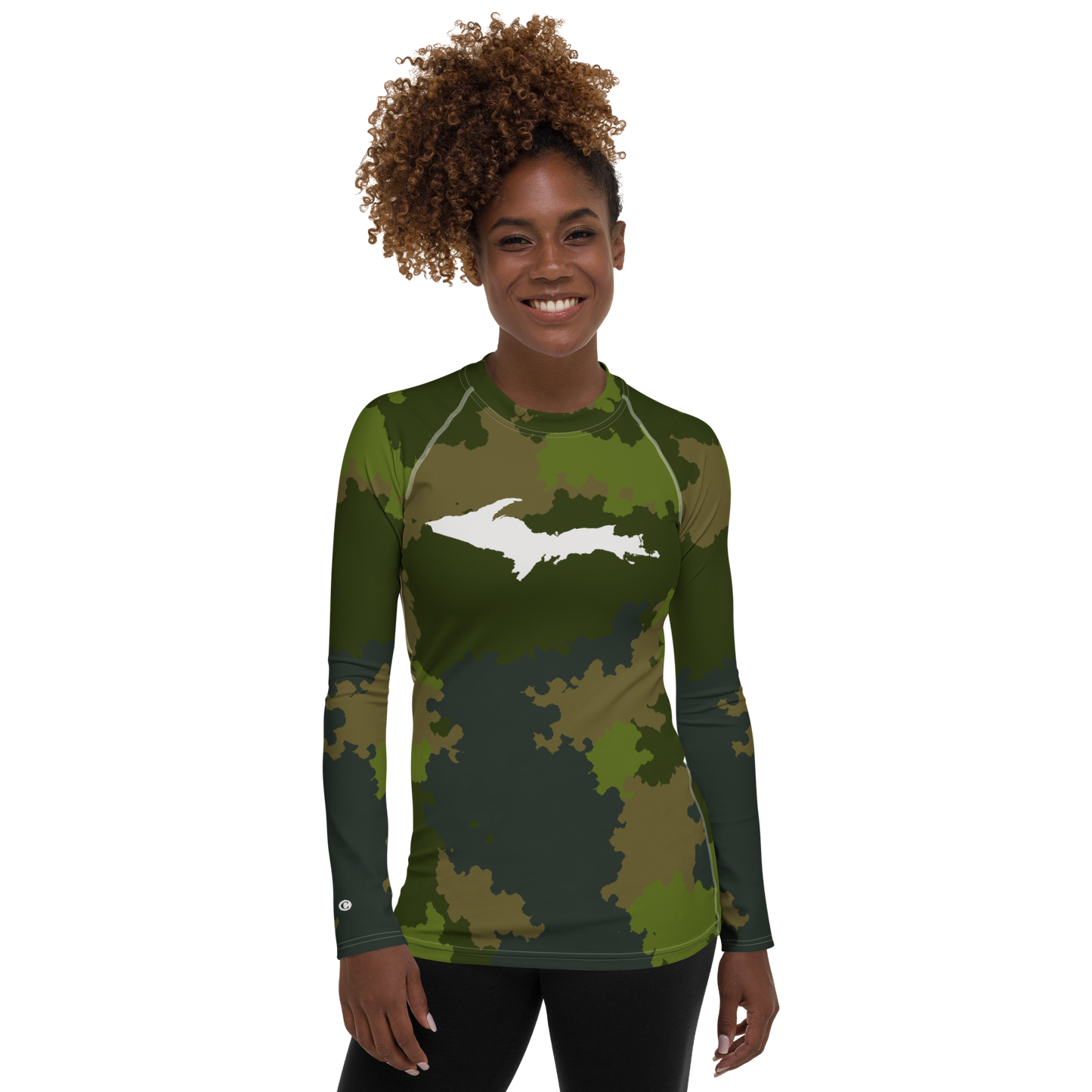 Michigan Upper Peninsula Rash Guard (w/ UP Outline) | Women's - Woodland Camo