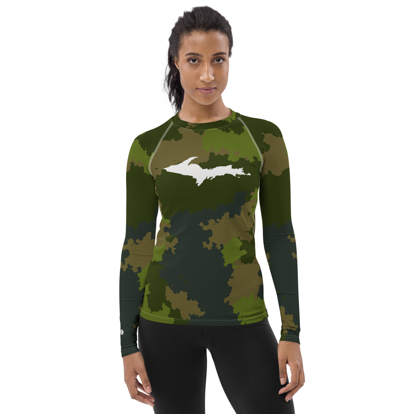 Michigan Upper Peninsula Rash Guard (w/ UP Outline) | Women's - Woodland Camo