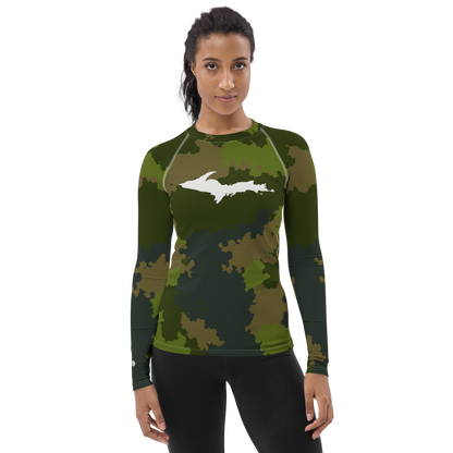 Michigan Upper Peninsula Rash Guard (w/ UP Outline) | Women's - Woodland Camo