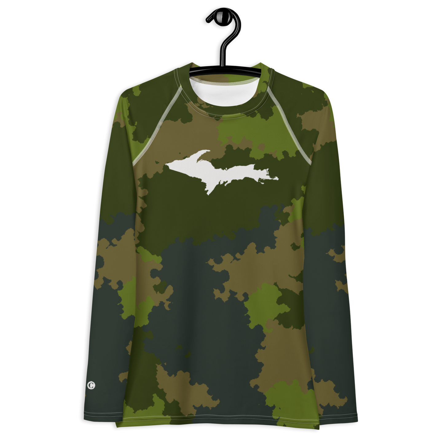 Michigan Upper Peninsula Rash Guard (w/ UP Outline) | Women's - Woodland Camo