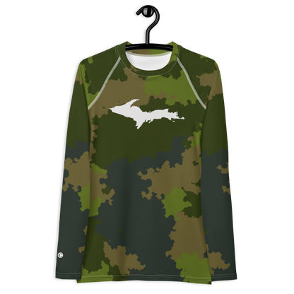 Michigan Upper Peninsula Rash Guard (w/ UP Outline) | Women's - Woodland Camo