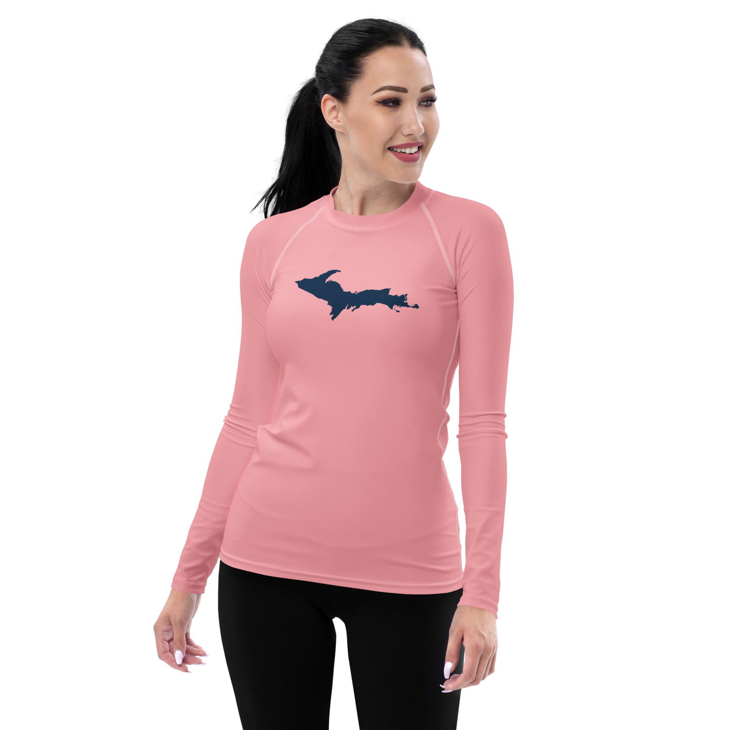 Michigan Upper Peninsula Rash Guard (w/ UP Outline) | Women's - Strawberry Pink