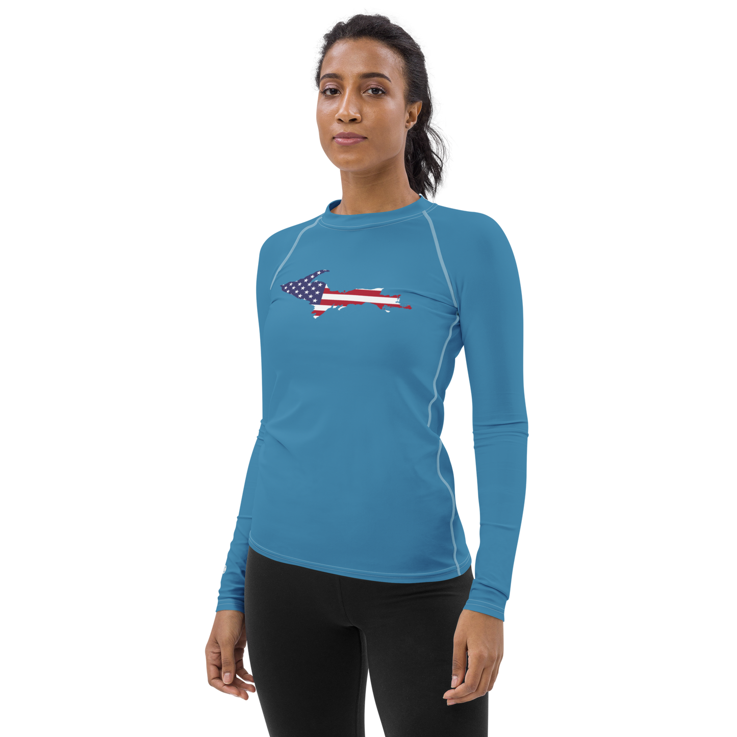 Michigan Upper Peninsula Rash Guard (w/ UP USA Flag) | Women's - Lake Michigan Blue