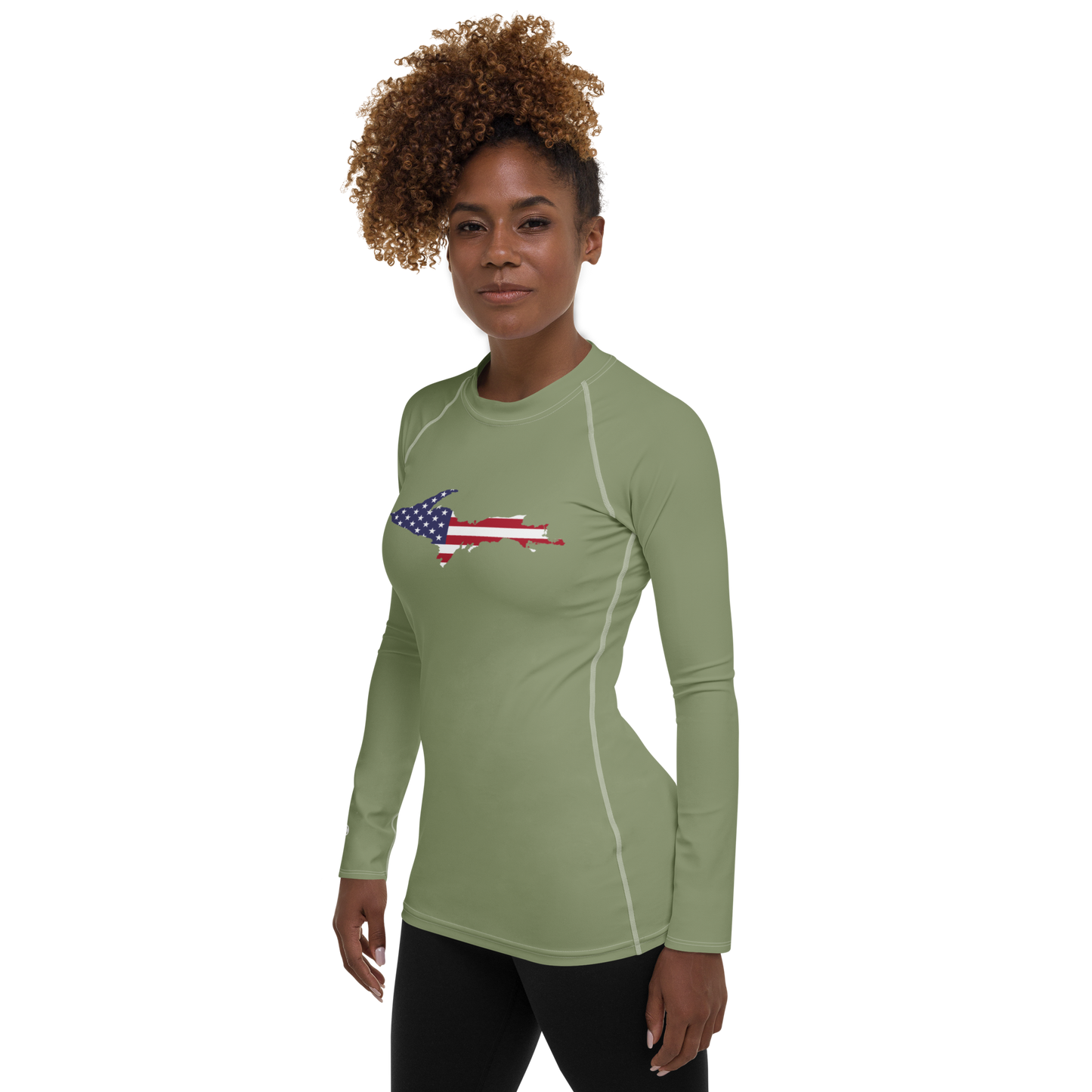 Michigan Upper Peninsula Rash Guard (w/ UP USA Flag) | Women's - Beachgrass Green