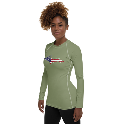 Michigan Upper Peninsula Rash Guard (w/ UP USA Flag) | Women's - Beachgrass Green