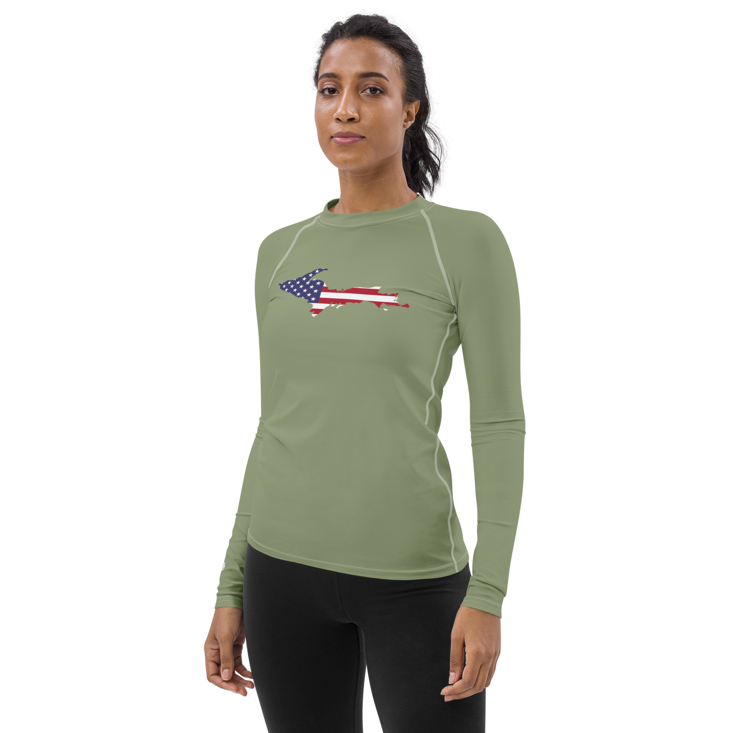 Michigan Upper Peninsula Rash Guard (w/ UP USA Flag) | Women's - Beachgrass Green