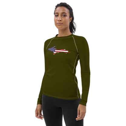 Michigan Upper Peninsula Rash Guard (w/ UP USA Flag) | Women's - Military Green