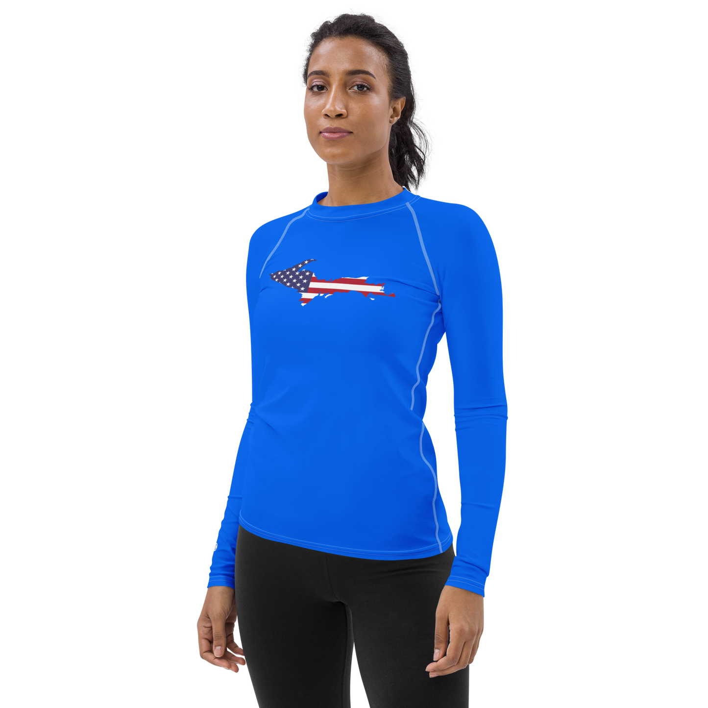 Michigan Upper Peninsula Rash Guard (w/ UP USA Flag) | Women's - Motor Town Blue