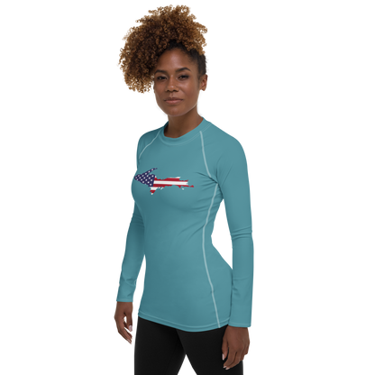 Michigan Upper Peninsula Rash Guard (w/ UP USA Flag) | Women's - Lake Huron Blue