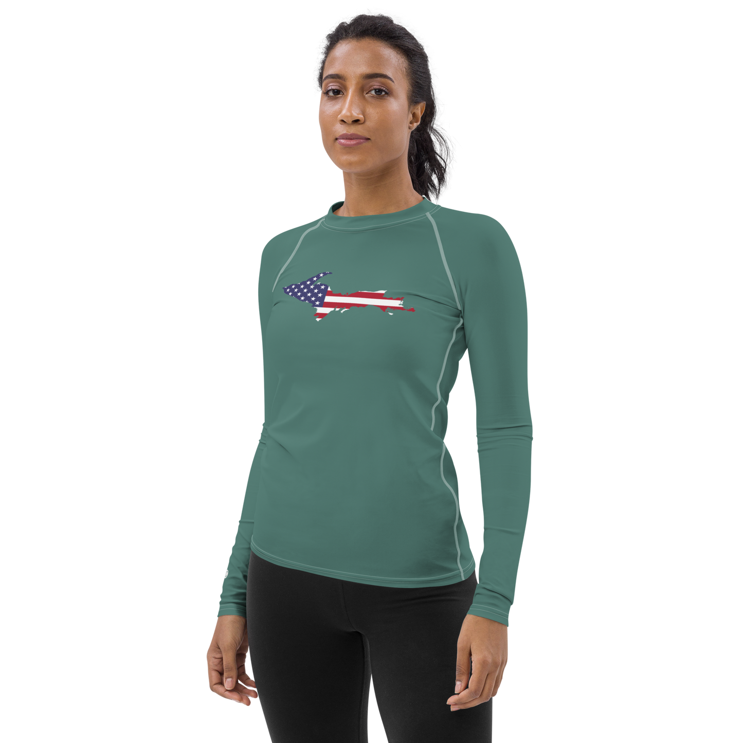 Michigan Upper Peninsula Rash Guard (w/ UP USA Flag) | Women's - Copper Green