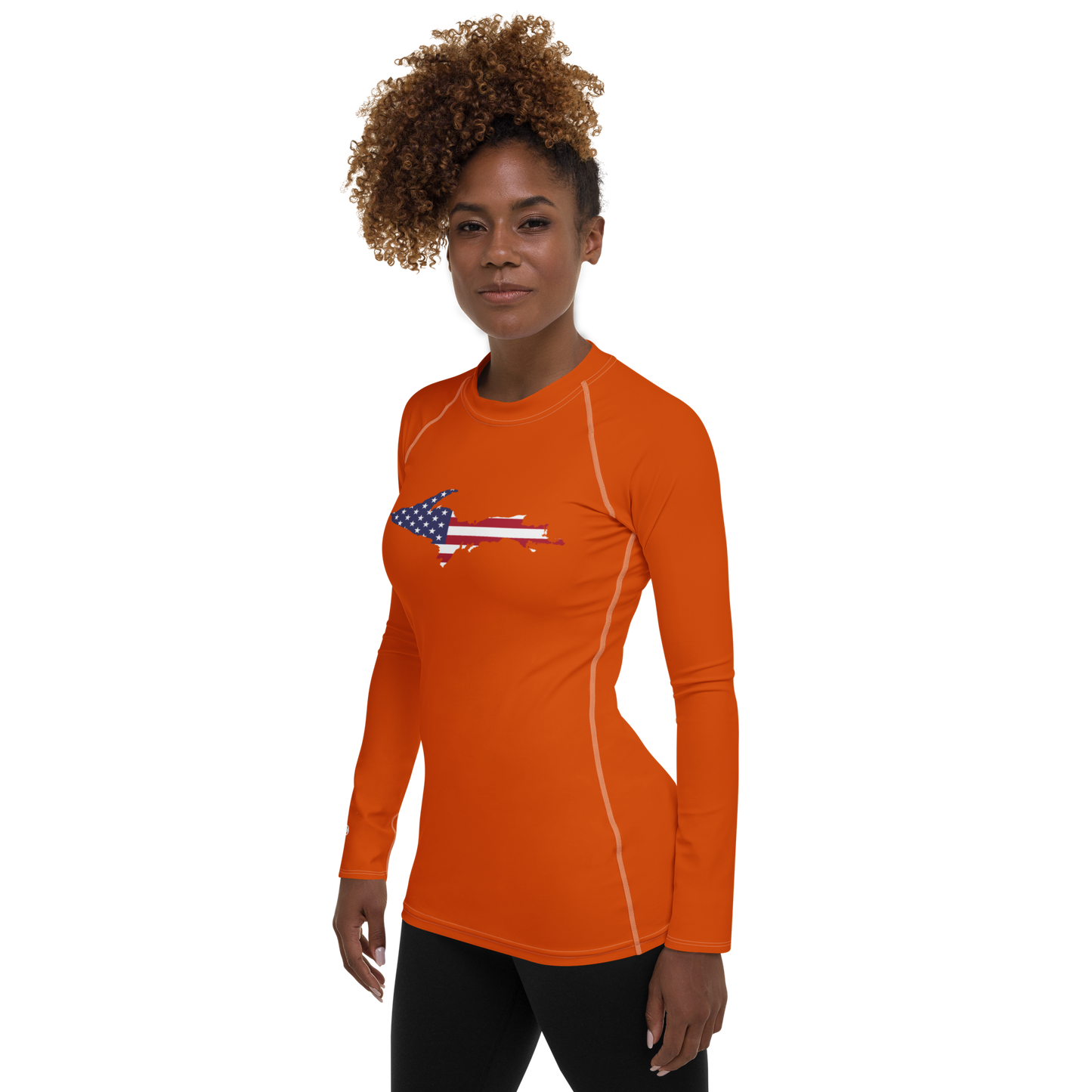 Michigan Upper Peninsula Rash Guard (w/ UP USA Flag) | Women's - Maple Leaf Orange