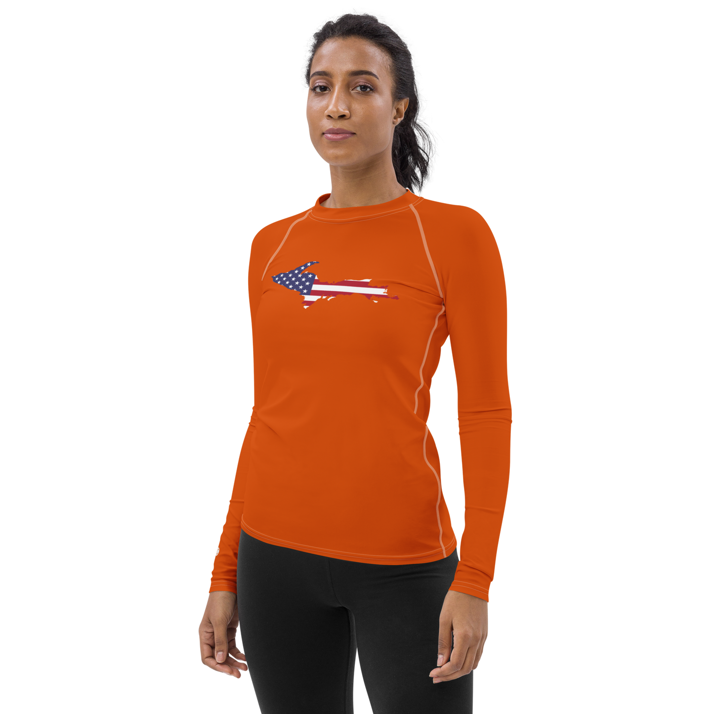 Michigan Upper Peninsula Rash Guard (w/ UP USA Flag) | Women's - Maple Leaf Orange