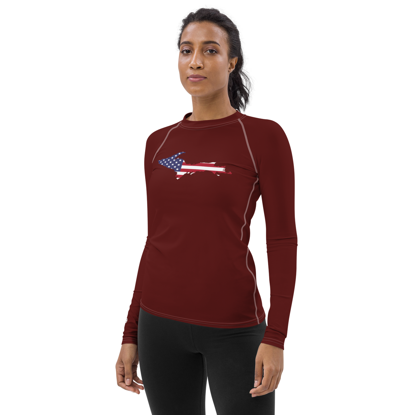 Michigan Upper Peninsula Rash Guard (w/ UP USA Flag) | Women's - Cherrywood Color