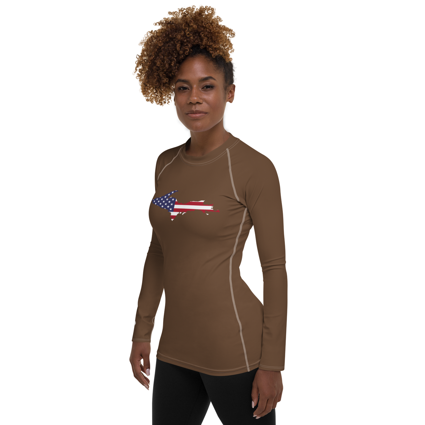 Michigan Upper Peninsula Rash Guard (w/ UP USA Flag) | Women's - Coffee Color