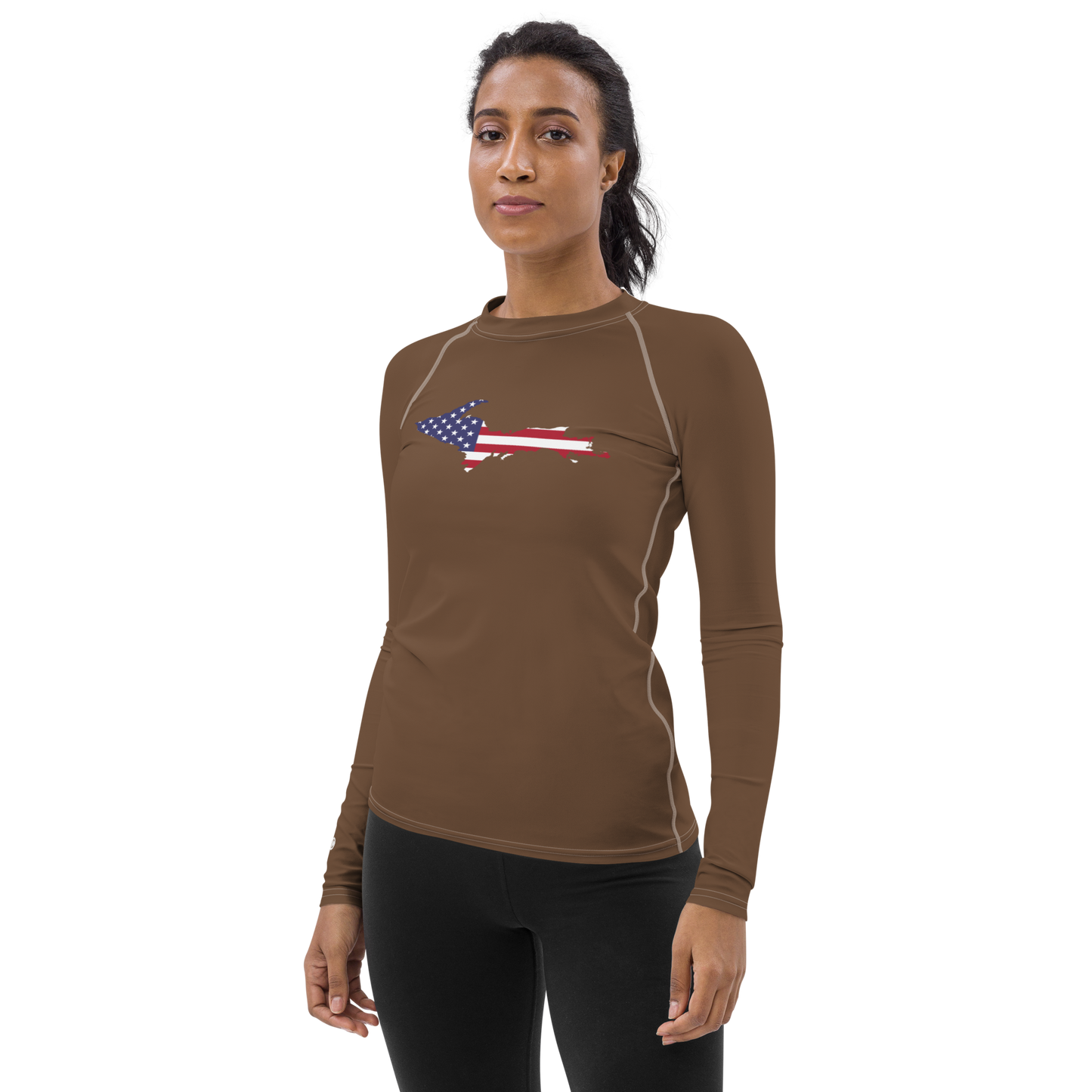 Michigan Upper Peninsula Rash Guard (w/ UP USA Flag) | Women's - Coffee Color