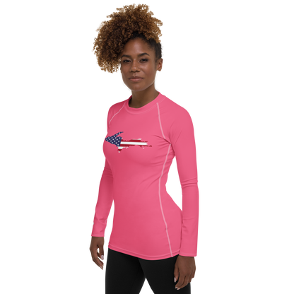 Michigan Upper Peninsula Rash Guard (w/ UP USA Flag) | Women's - Rhodochrosite Pink