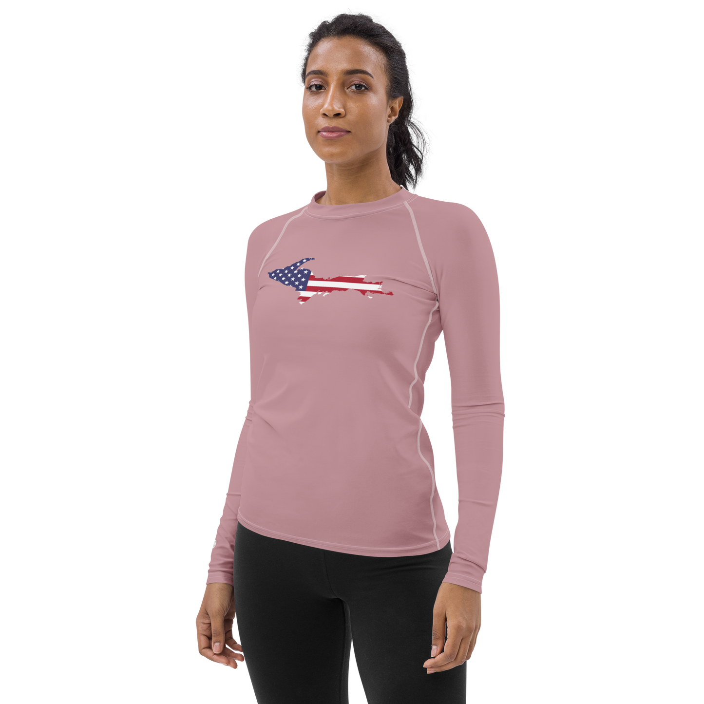 Michigan Upper Peninsula Rash Guard (w/ UP USA Flag) | Women's - Cherry Blossom Pink