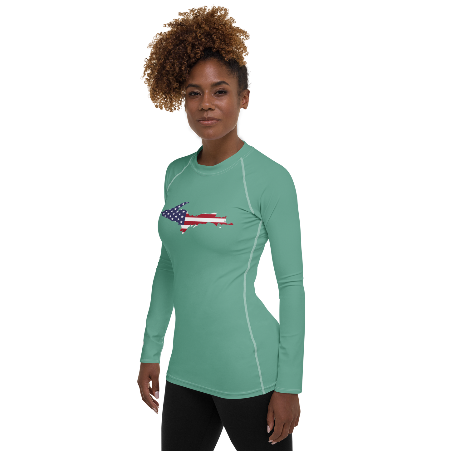 Michigan Upper Peninsula Rash Guard (w/ UP USA Flag) | Women's - Metallic Mint Green