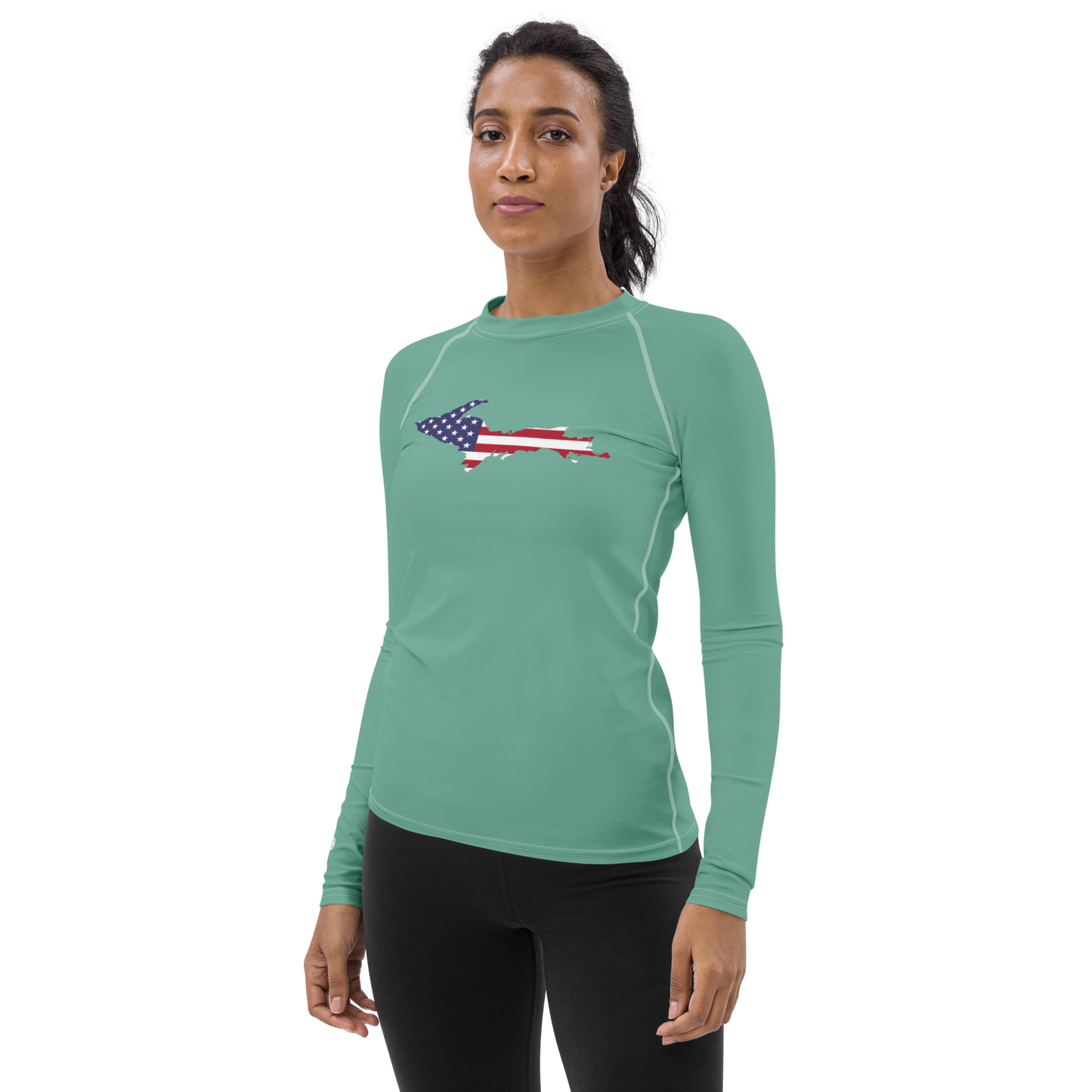 Michigan Upper Peninsula Rash Guard (w/ UP USA Flag) | Women's - Metallic Mint Green