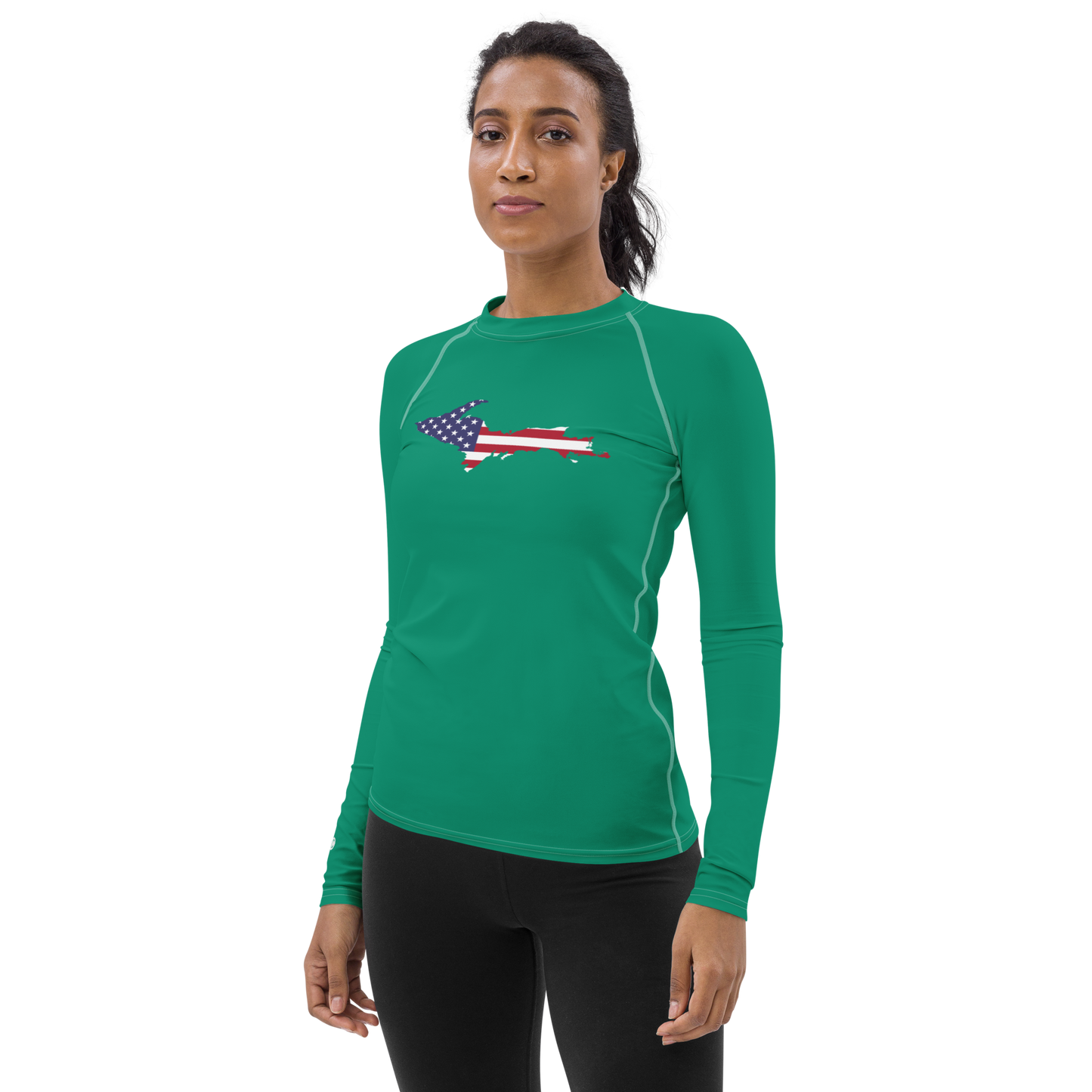 Michigan Upper Peninsula Rash Guard (w/ UP USA Flag) | Women's - Emerald Green