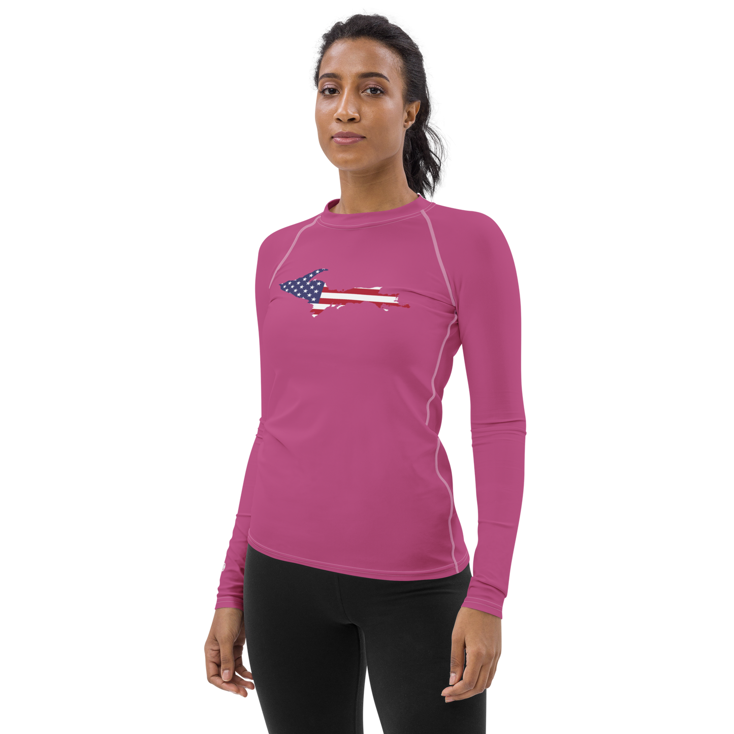 Michigan Upper Peninsula Rash Guard (w/ UP USA Flag) | Women's - Apple Blossom Pink