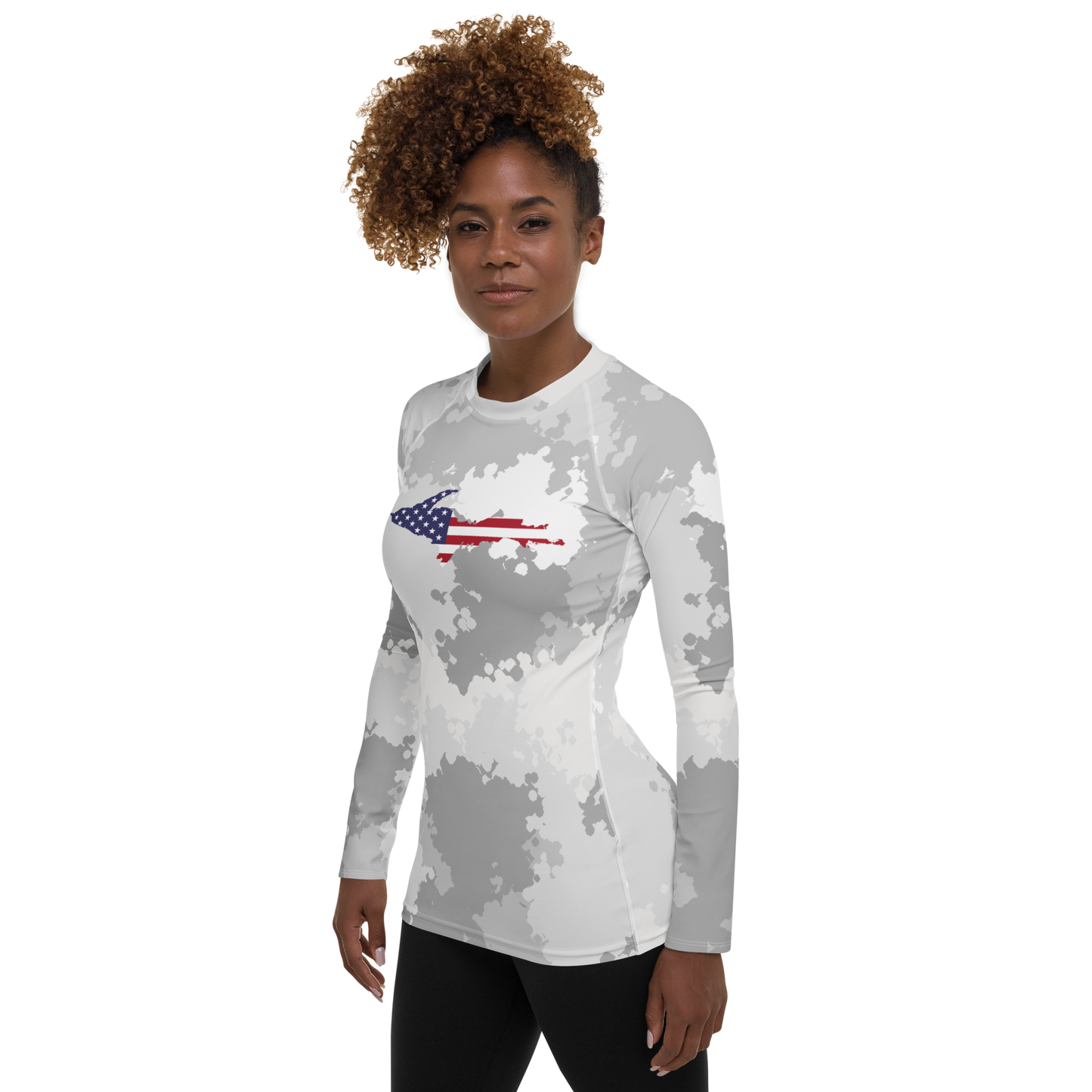 Michigan Upper Peninsula Rash Guard (w/ UP USA Flag) | Women's - Snow Camo