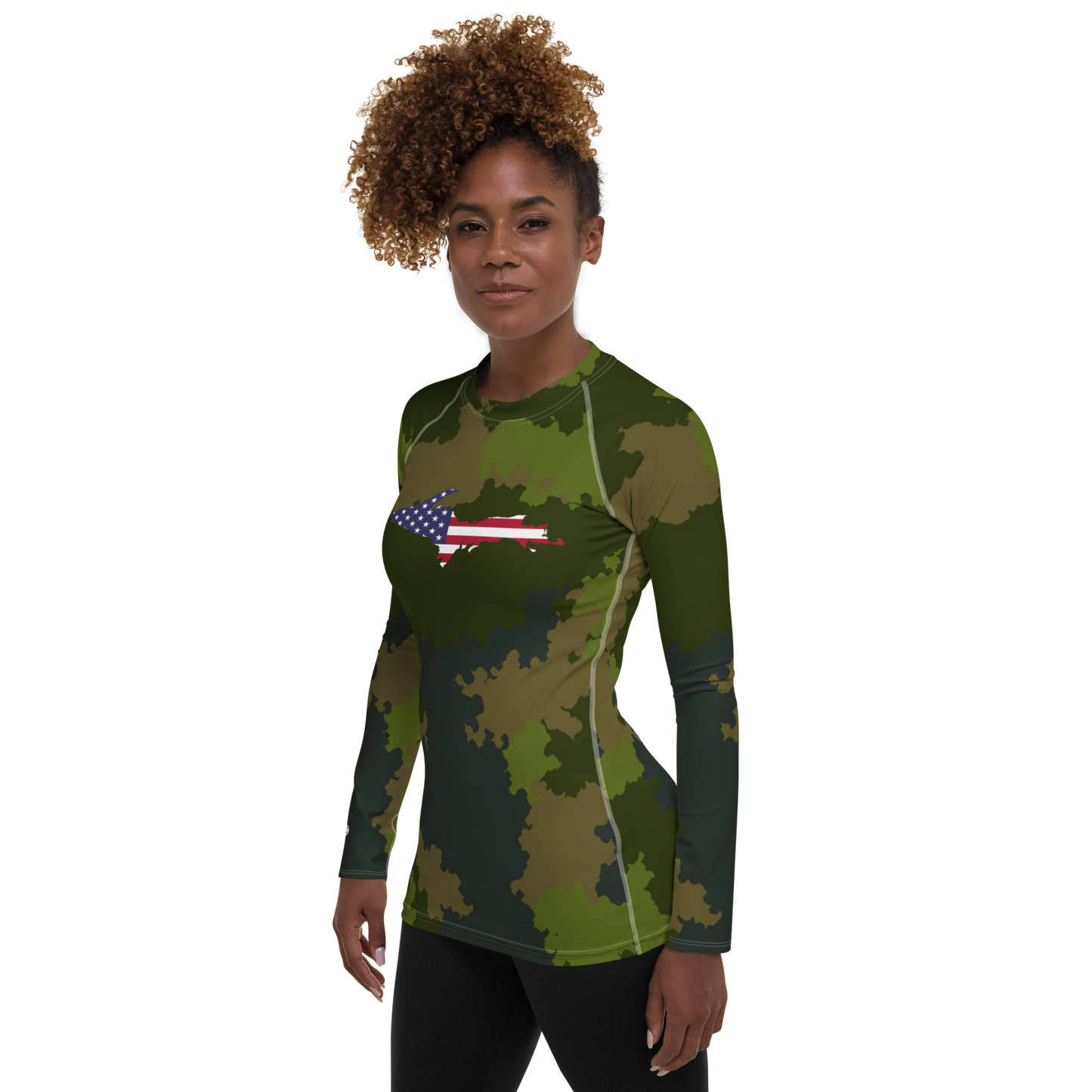 Michigan Upper Peninsula Rash Guard (w/ UP USA Flag) | Women's - Woodland Camo