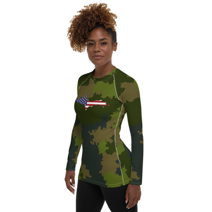 Michigan Upper Peninsula Rash Guard (w/ UP USA Flag) | Women's - Woodland Camo