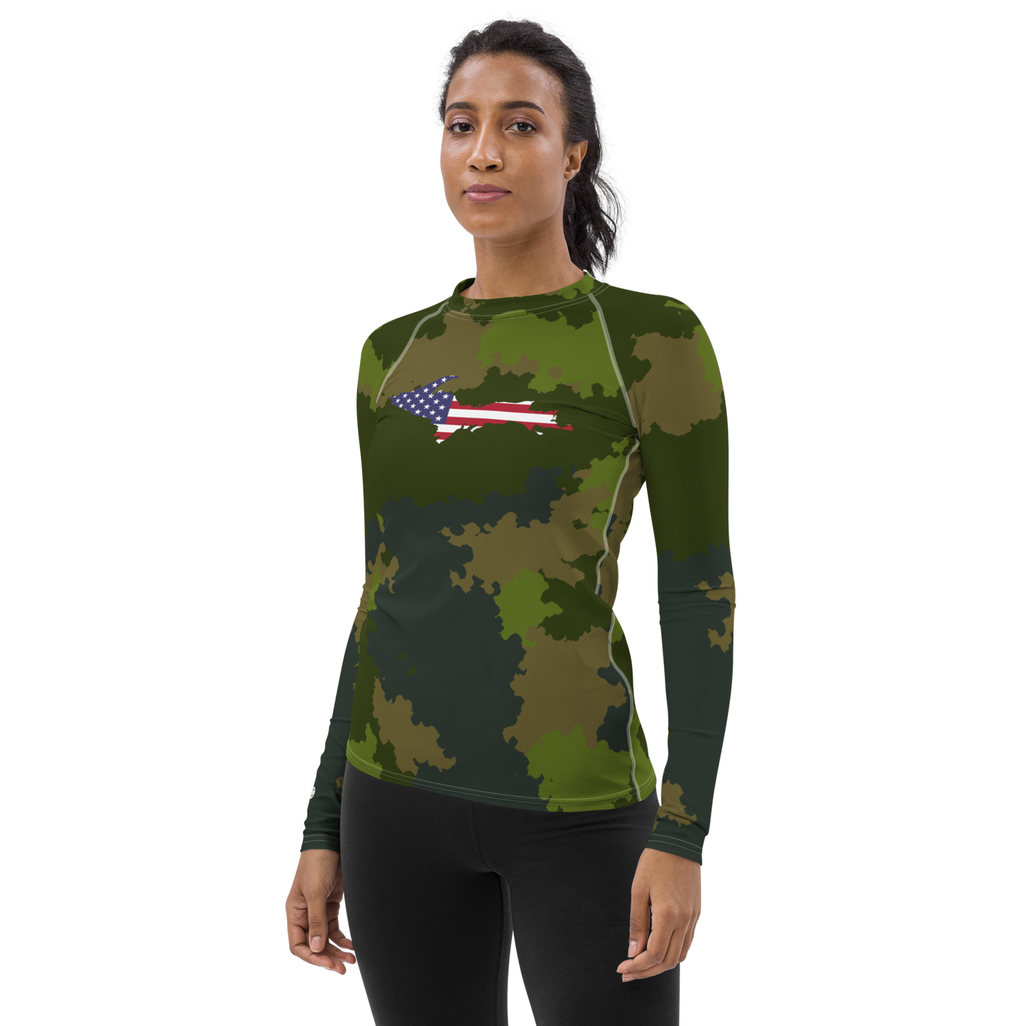 Michigan Upper Peninsula Rash Guard (w/ UP USA Flag) | Women's - Woodland Camo