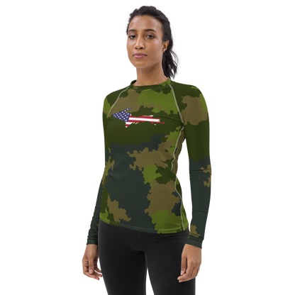 Michigan Upper Peninsula Rash Guard (w/ UP USA Flag) | Women's - Woodland Camo