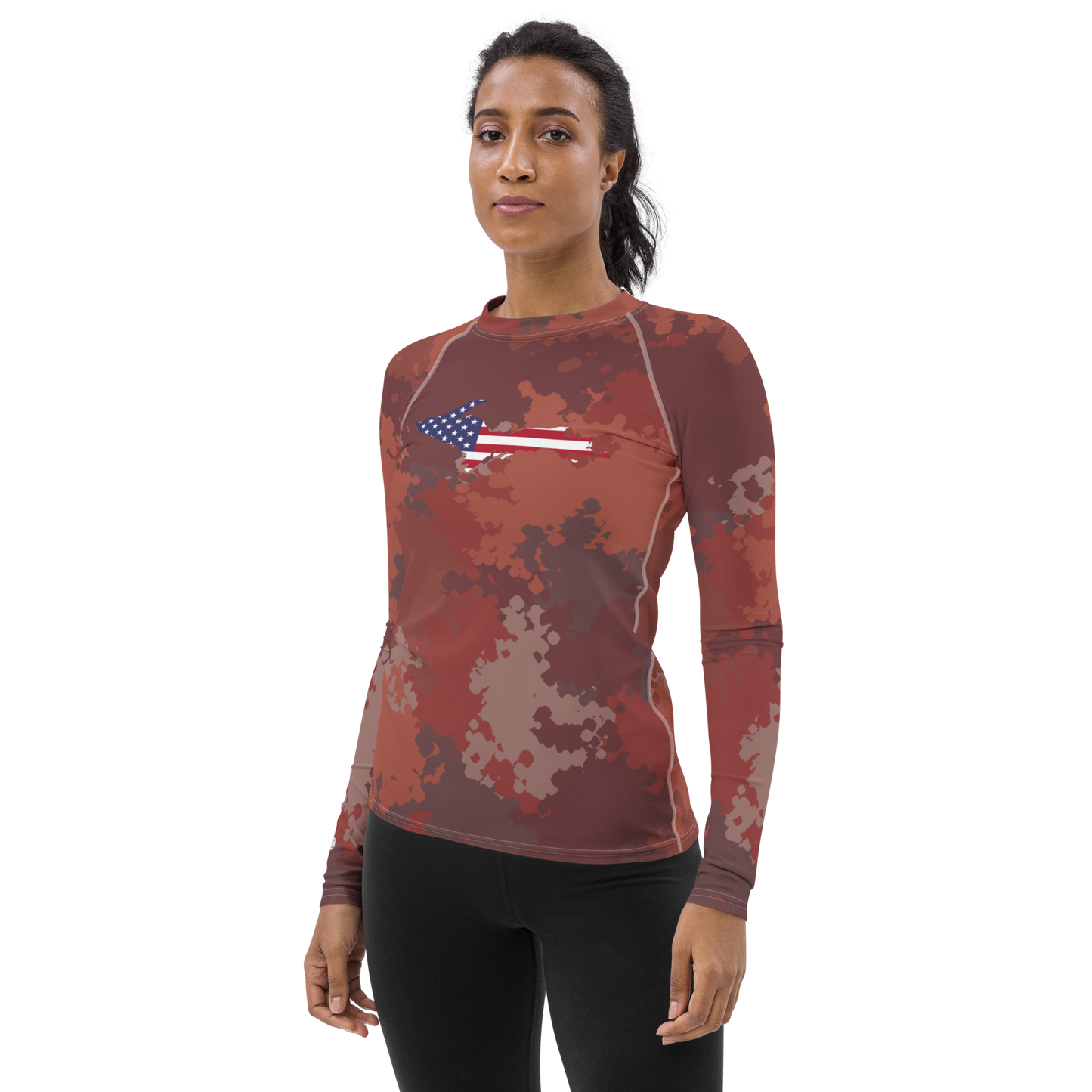 Michigan Upper Peninsula Rash Guard (w/ UP USA Flag) | Women's - Ore Dock Camo