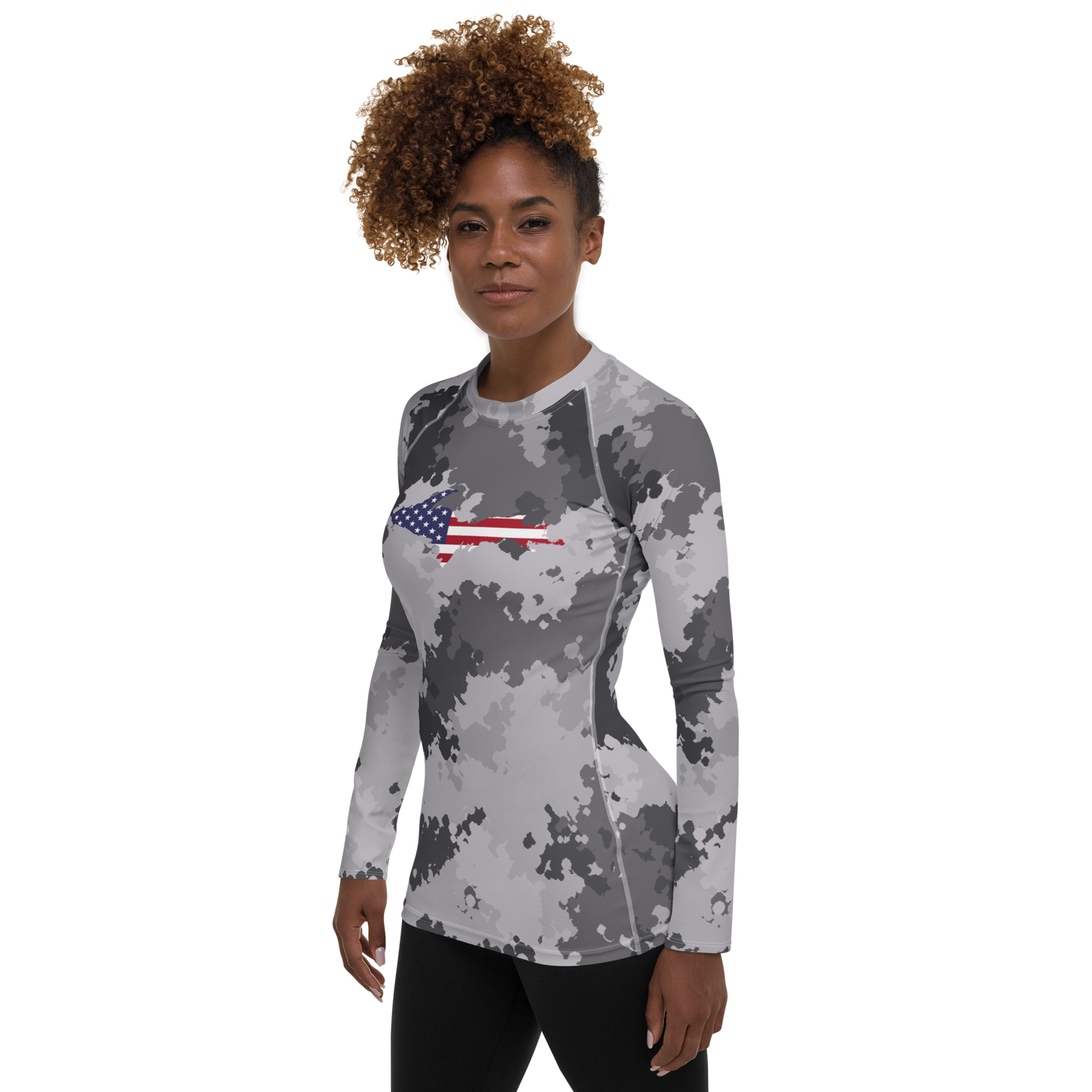 Michigan Upper Peninsula Rash Guard (w/ UP USA Flag) | Women's - Iron Ore Camo