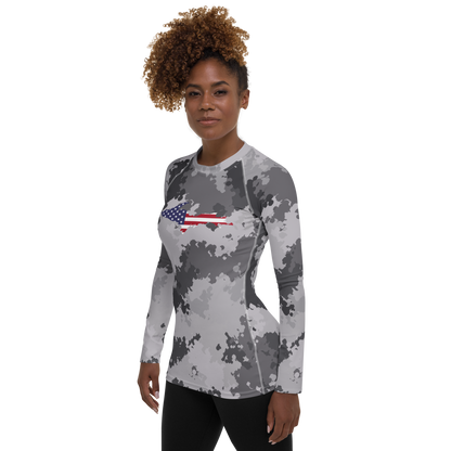 Michigan Upper Peninsula Rash Guard (w/ UP USA Flag) | Women's - Iron Ore Camo