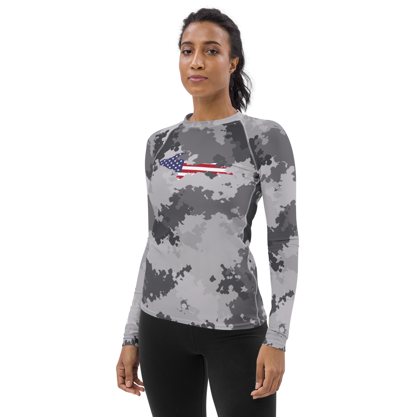 Michigan Upper Peninsula Rash Guard (w/ UP USA Flag) | Women's - Iron Ore Camo