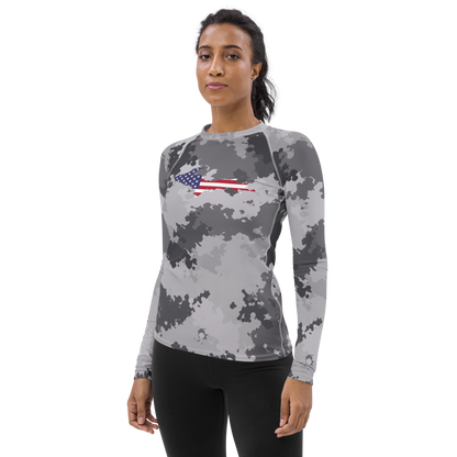 Michigan Upper Peninsula Rash Guard (w/ UP USA Flag) | Women's - Iron Ore Camo