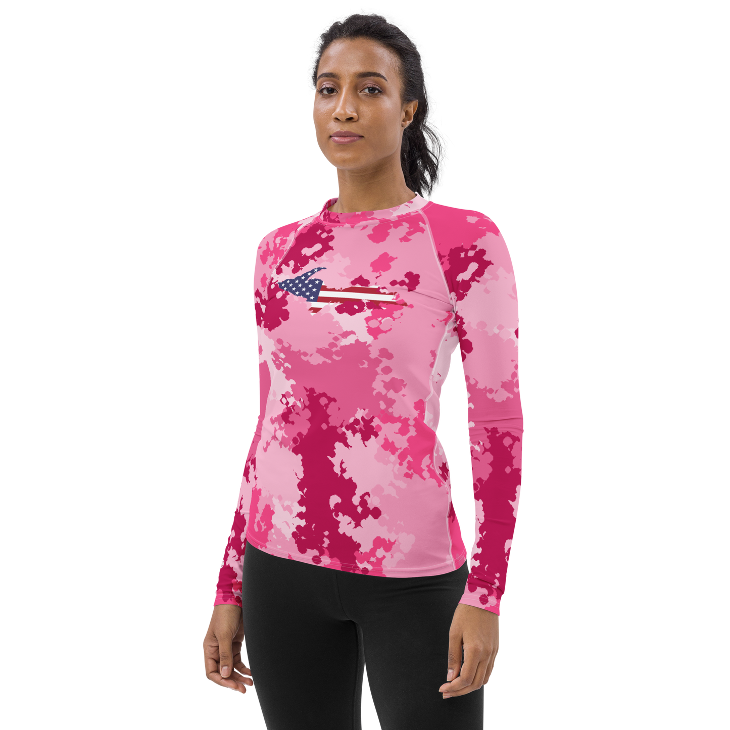 Michigan Upper Peninsula Rash Guard (w/ UP USA Flag) | Women's - Pink Camo