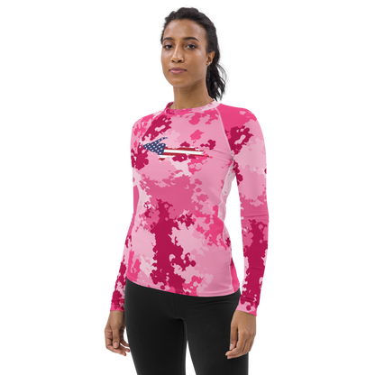 Michigan Upper Peninsula Rash Guard (w/ UP USA Flag) | Women's - Pink Camo