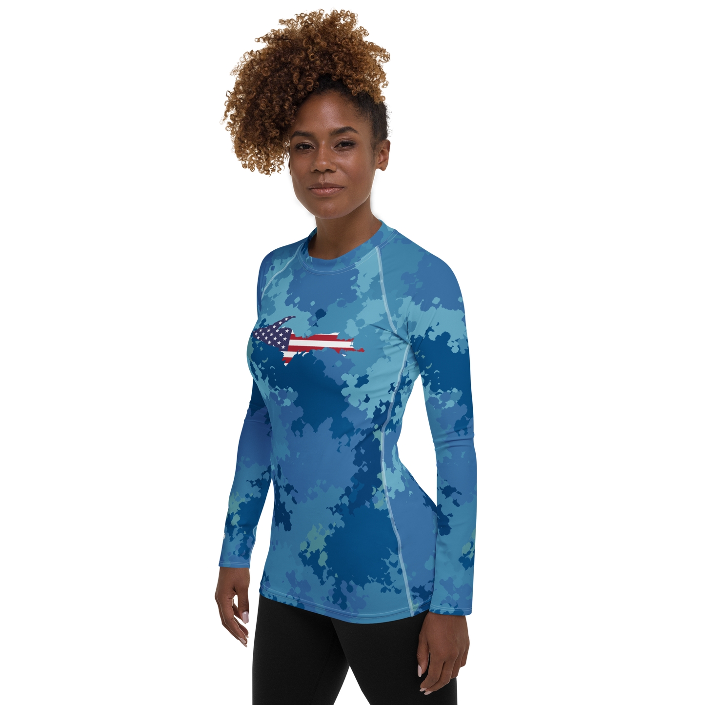 Michigan Upper Peninsula Rash Guard (w/ UP USA Flag) | Women's - Great Lakes Camo