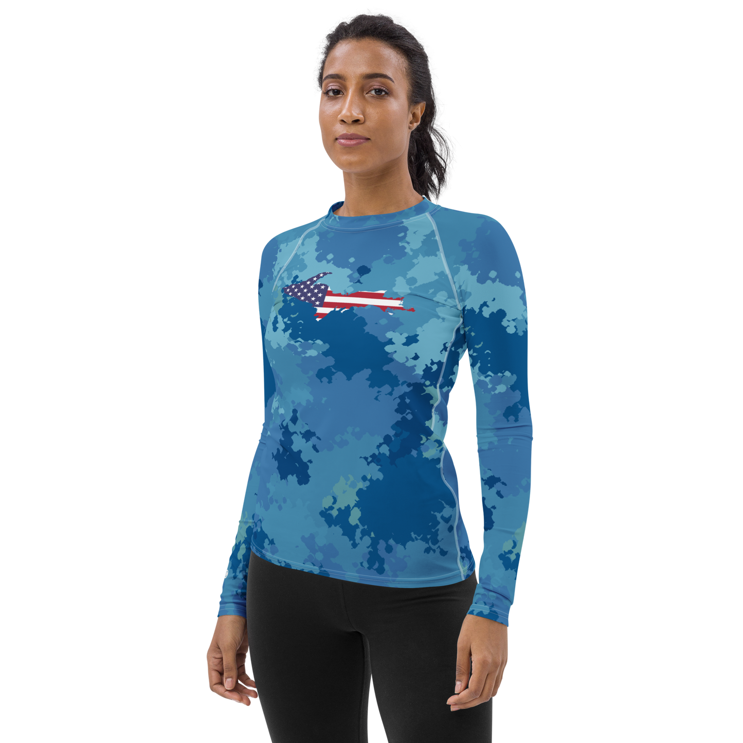 Michigan Upper Peninsula Rash Guard (w/ UP USA Flag) | Women's - Great Lakes Camo